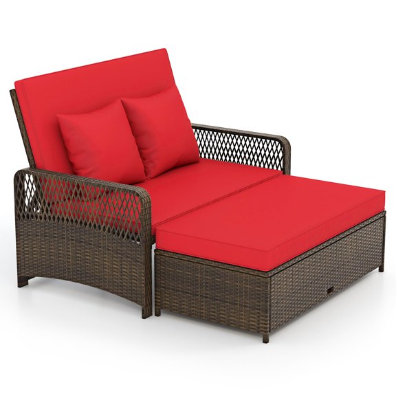 Red Adjustable Wicker Daybed with Storage Ottoman and Soft Cushions