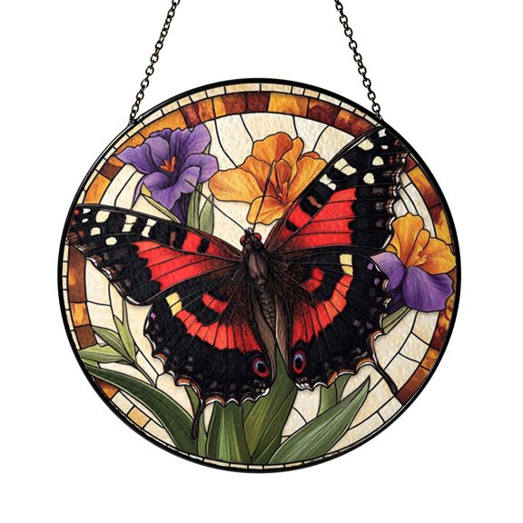 Red Admiral Butterfly And Purple Iris Suncatcher Round Ornament Decor
