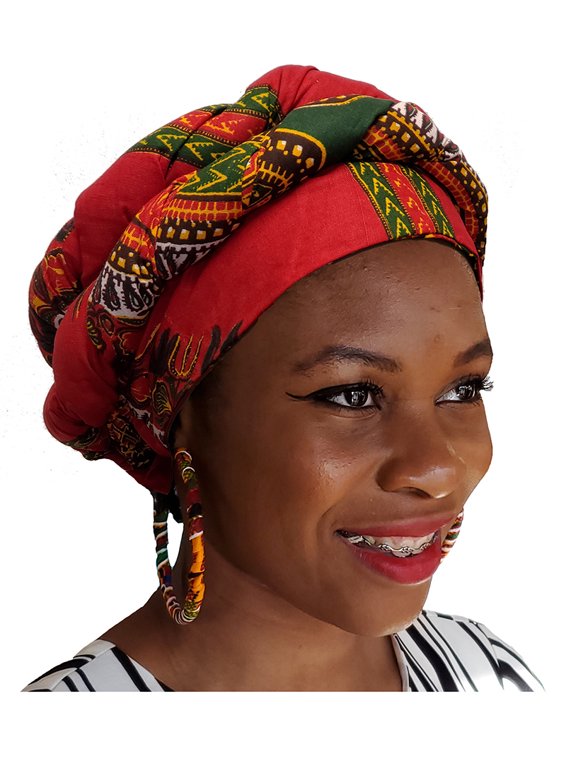 Red African Dashiki Print Ankara Modu Hat Pre-tied Head wrap