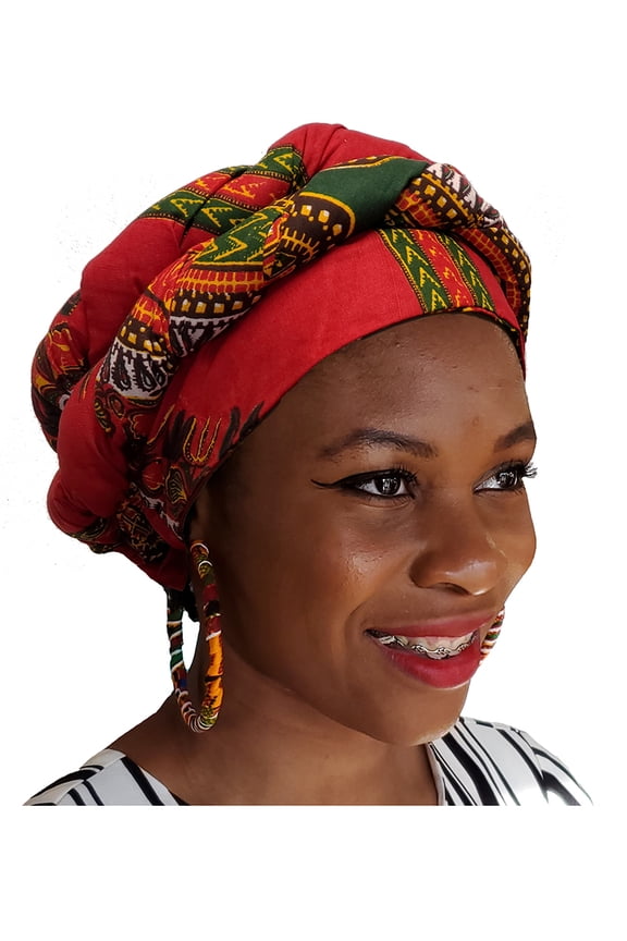 Red African Dashiki Print Ankara Modu Hat Pre-tied Head wrap