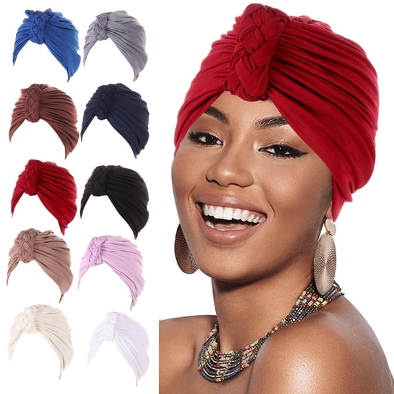 Red African Women Turban Caps Polyester Twist Headscarf Pre-Tied Double Twisted Braids Wrap Hat Chemo Cancer Cap One Size