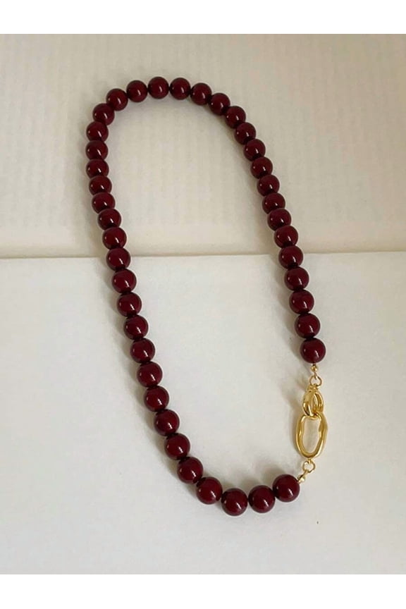 Red Agate Beaded Necklace With Gold-Tone Clasp, Round Beads, Single Strand