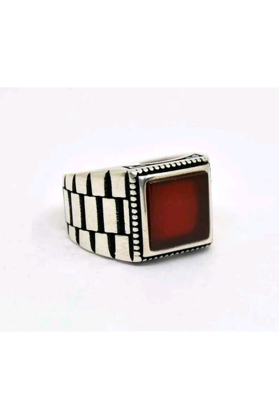 Red Agate Gemstone Ring, 925 Sterling Silver Ring, Bold Square Ring, Gift For Good Luck, Geometric Pattern, Checkerboard Design, Gift Item**