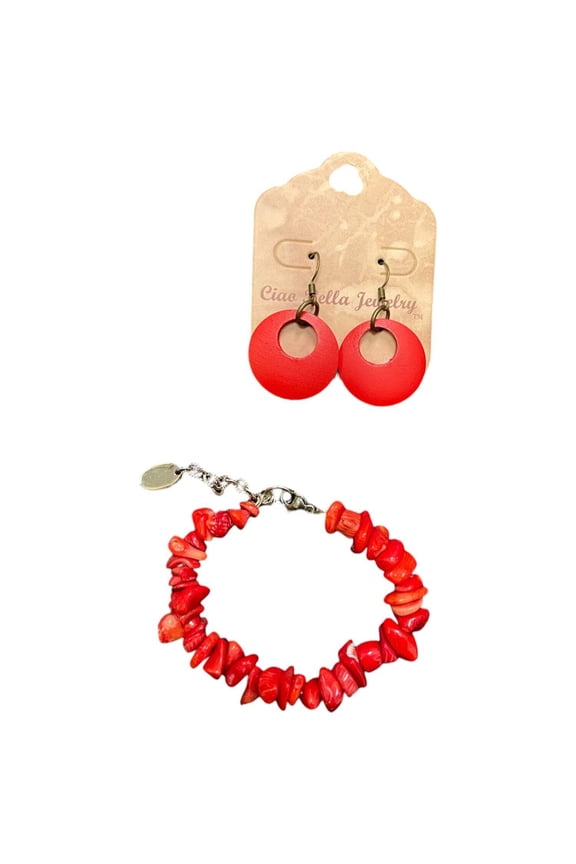 Red Agate Jewelry Set, Bracelet Geometric Circle Earrings