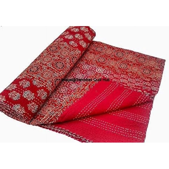 Red Ajrakh Hippie Queen Kantha Quilt Handmade Bohemain Bedspread King Size Vegetable Dye Kantha Blanket Bedcover Boho Quilting Indigo Print Ajrakh Cotton Kantha Quilt