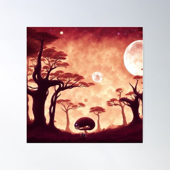 Red Alien Forest With Small Alien Monsters And Multiple Moons Poster Wall Art, Modern Wall Decor For Living Room Bedroom, 24x24 UNFRAMED