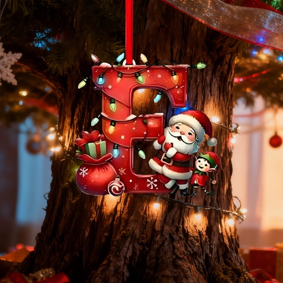 Red Alphabet Ornament for Christmas Tree, Flat Acrylic Initial Letter Santa Claus Elf Pendant Small Monogram Hanging Decoration for Christmas Tree Party Gifts DIY Decor, Letter E