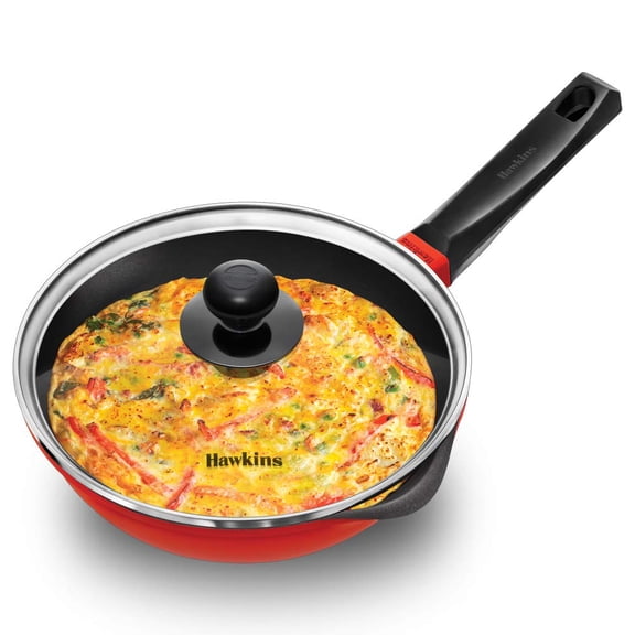 Red Aluminium Frying Pan 22 Cm | Die Cast Non Stick Fry Pan With Glass Lid, Ceramic Coated Pan, Induction Frying Pan, Small Frying Pan (IDCF22G)