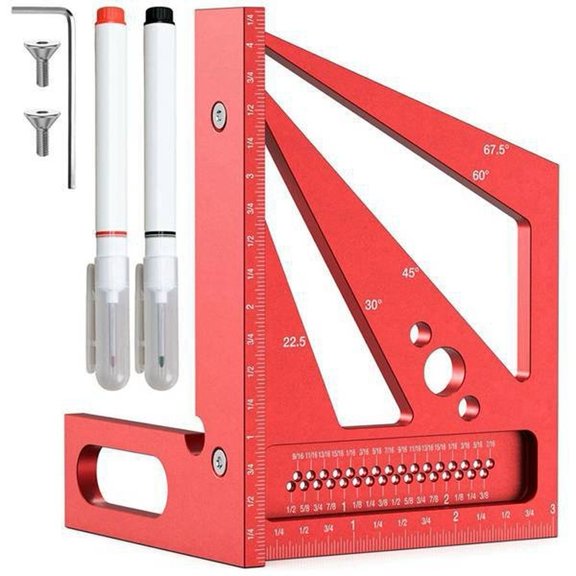 Red Aluminum Alloy 3D Multi-Angle Measuring Ruler With Precision Etched Markings For 22.5, 30, 45, 60, 67.5, 90 Degrees, Compact Layout Tool For Woodworking