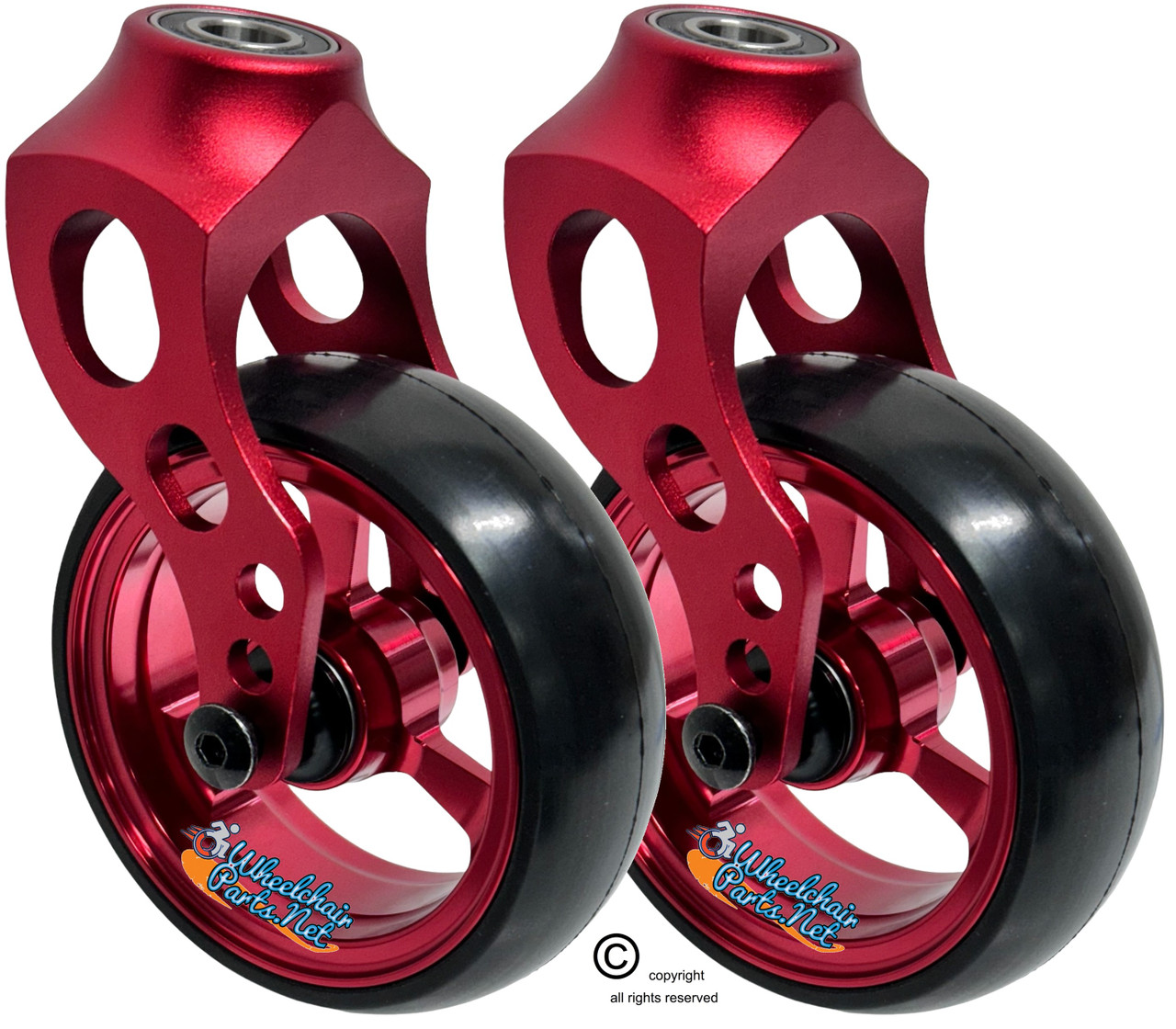 Red Aluminum Caster Fork Assembly With 4x1.40 Soft Roll Wheels in Red ...