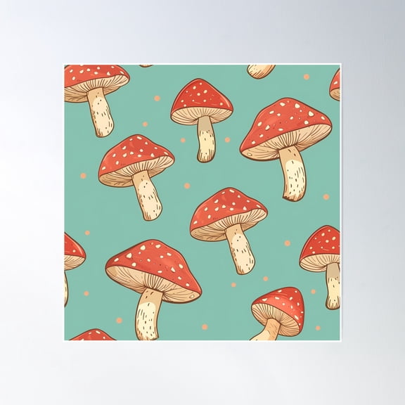 Red Amanita Mushrooms - Goblincore Aesthetic - Fairy Tale Gnome - Blue Mint Background Magical Forest Poster Wall Art, Modern Wall Decor, 16x16 UNFRAMED