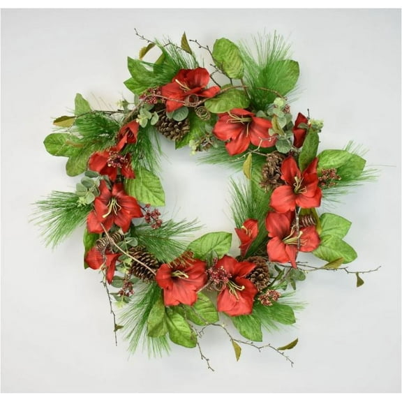 Red Amaryllis Eucalyptus Pine Cone 32in Artificial Polysilk Faux Fake Flower Grapevine Wreath for Craft Garden Outdoor Bouquet Arrangement Ceremony Wedding Arch Floral Wall Aisle Decor (Red, One each)
