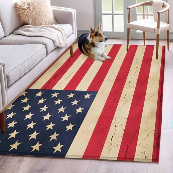 Red American Flag Area Rug 3x5 Washable Rug Non Slip Retro USA Flag Watercolor Large Area Rug Indoor Floor Carpet for Entryway Bedroom Kitchen Living Room Home Office Dining Room Nursery