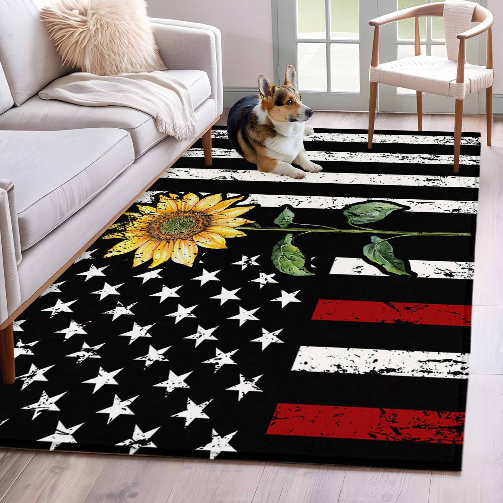 Red American Flag Area Rug 3x5 Washable Rug Non Slip Sunflower
