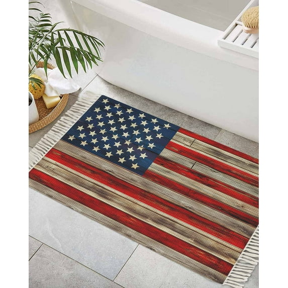 Red American Flag Bath Rug 2x3ft Woven Bathroom Entryway Runner Rug,Navy Blue Stars Wooden Vintage Washable Living Room Hallway Bedroom Kitchen Carpet with Tassels,Indoor Outdoor Throw Doormat