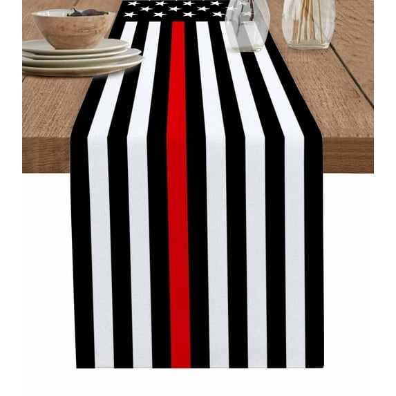 Red American Flag Burlap Cotton Table Runner 13x70 Inches Long, Black White Striped US Flag Stars Farmhouse Table Runners, Outdoor Dining Tablecloths Decor for Baby Shower/Party/Wedding
