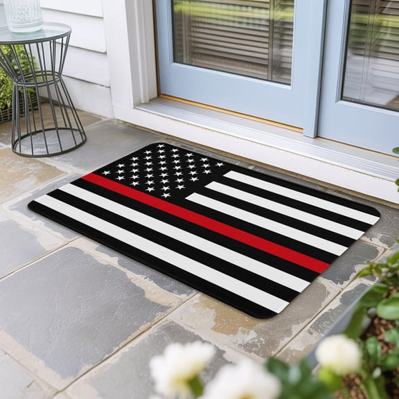 Red American Flag Door Mat Indoor Outdoor, Black White Striped US Flag Stars Non Slip Welcome Mat with Rubber Backing, Absorbent Fabric Front Door Mats Entryway Rug for Home Patio Entrance 16"x24"