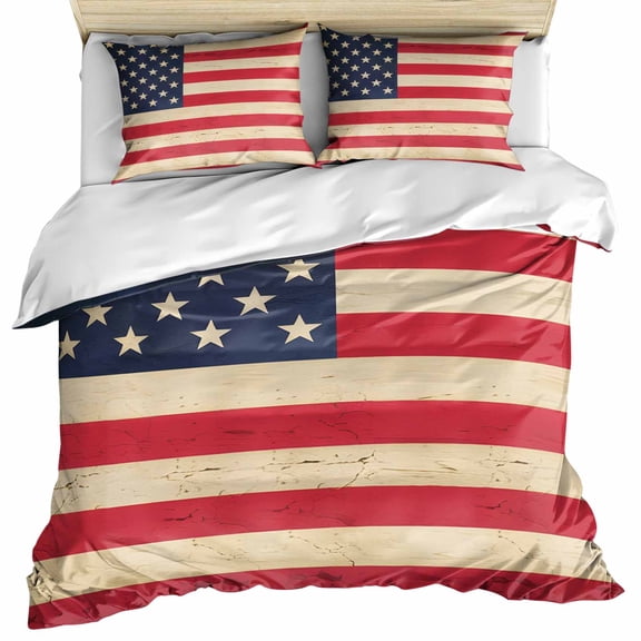 Red American Flag Duvet Cover Twin Size, Retro USA Flag Watercolor Comforter Cover with Zipper Closure, 3 Piece Bedding Sets 1 Duvet Cover 68x90 Inches and 2 Pillow Shams