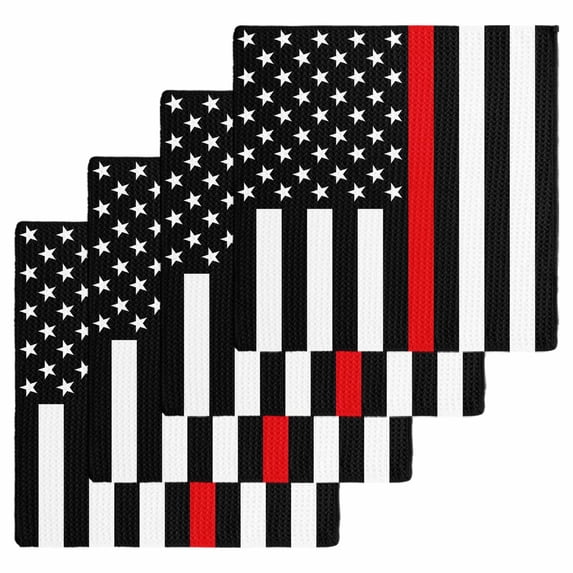 Red American Flag Kitchen Dish Towels for Drying Dishes Set of 4, Black White Striped US Flag Stars Waffle Weave Microfiber Hand Tea Bathroom Towels Quick Dry & Absorbent Towel 12x12