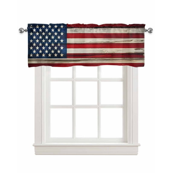 Red American Flag Kitchen Valances for Windows Farmhouse Linen Window Valance Curtain for Living Room Window Treatment Navy Blue Stars Wooden Valance Rod Pocket Topper Drape, 54 x 18 Inch