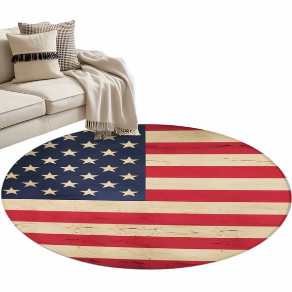 Red American Flag Large Area Rugs for Bedroom Living Room, Soft Non Slip Carpet Bedside Rug, Retro USA Flag Watercolor Round Floor Cover Kitchen Accent Rug 3' for Dining Room/Office