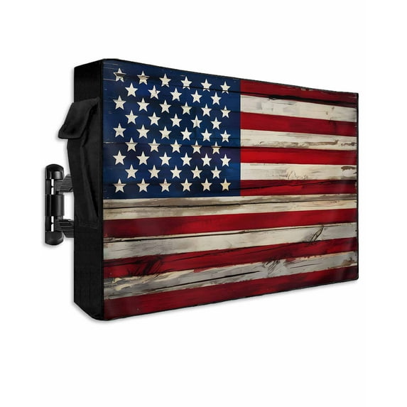 Red American Flag Outdoor TV Cover 48 to 50 Inch Weatherproof, Navy Blue Stars Wooden 600D Oxford TV Covers with Waterproof Zipper, Outside Flat TV Screen Protector Size 48"W x 30"H x 4.5"D