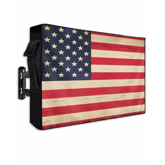 Red American Flag Outdoor TV Cover 48 to 50 Inch Weatherproof, Retro USA Flag Watercolor 600D Oxford TV Covers with Waterproof Zipper, Outside Flat TV Screen Protector Size 48"W x 30"H x 4.5"D