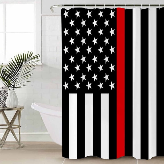 Red American Flag Small Stall Shower Curtain, Waterproof Shower Curtains for Bathroom, Black White Striped US Flag Stars Washable Fabric Cloth Bath Curtain for Bathtub with Hooks 36x72 Inches