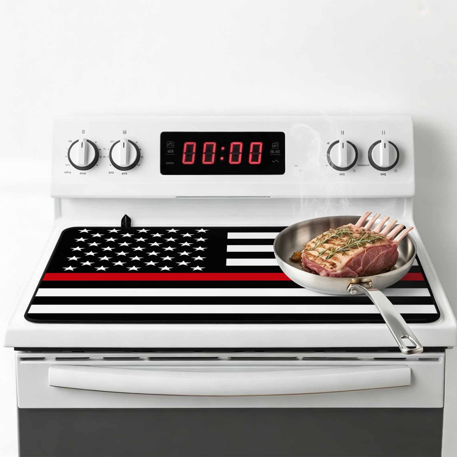 Red American Flag Stove Top Cover for Electric Stove, Heat-proof & Non Slip Glass Top Stove Cover Protector, Black White Striped US Flag Stars Kitchen Flat Cooktop Rubber Mat 28.5x20.5 Inches