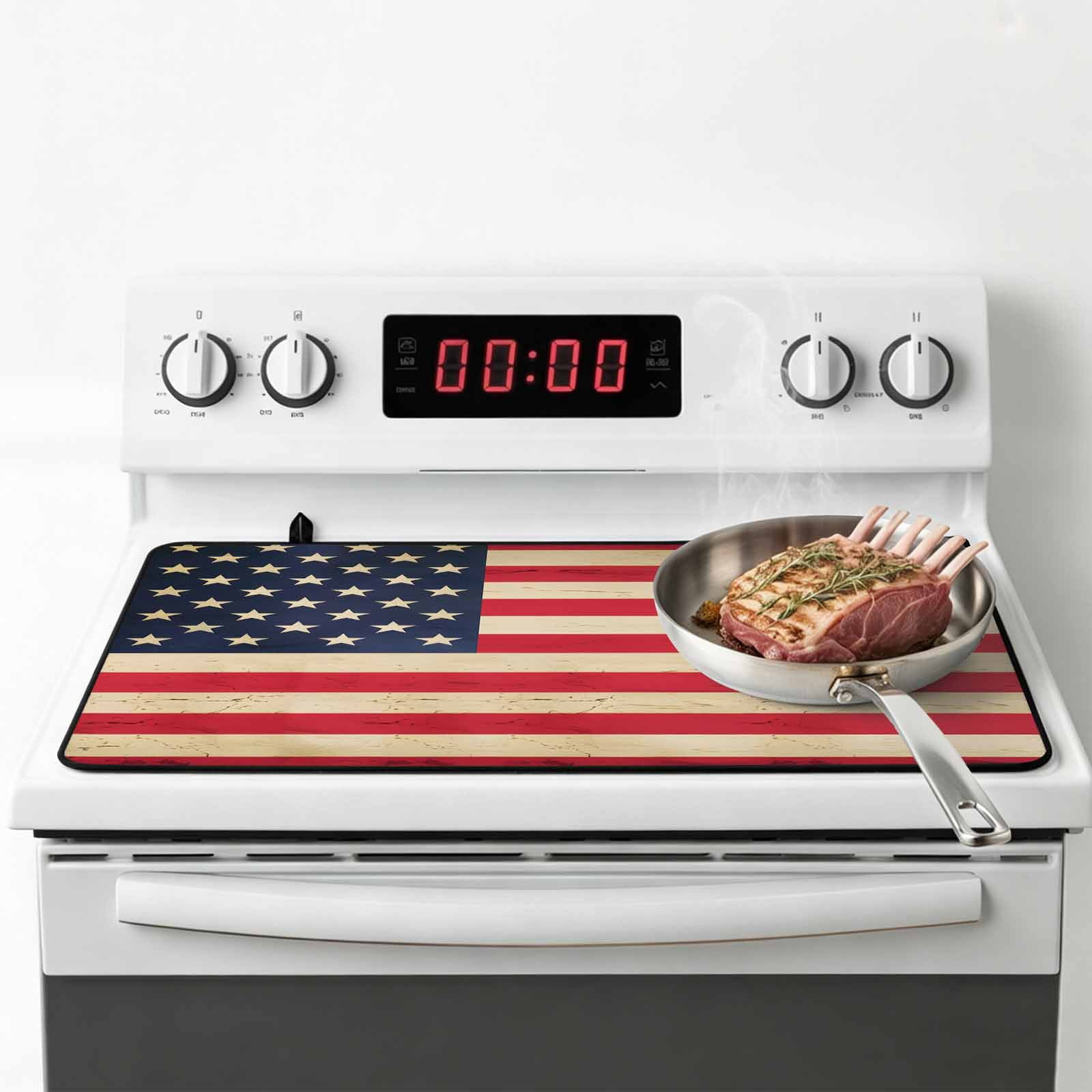 Red American Flag Stove Top Cover for Electric Stove, Heat-proof & Non Slip Glass Top Stove Cover Protector, Retro USA Flag Watercolor Kitchen Flat Cooktop Rubber Mat 24x21 Inches
