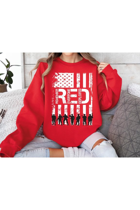 Red American Flag Sweatshirt with 'Remember Everyone Deployed' Design for Veterans and Supporters