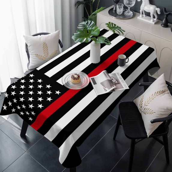 Red American Flag Table Cloth Waterproof Tablecloths, Black White Striped US Flag Stars Tablecloth Dining Table Cover for Kitchen Party Tabletop Outdoor, Rectangle Tablecloth 60x120 Inch
