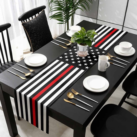 Red American Flag Table Runner 36 Inches Small, Black White Striped US Flag Stars Kitchen Dining Burlap Linen Tablerunner for Small/Round/Square/Wedding/Coffee/Dining Table Party Home Décor 13 x 36