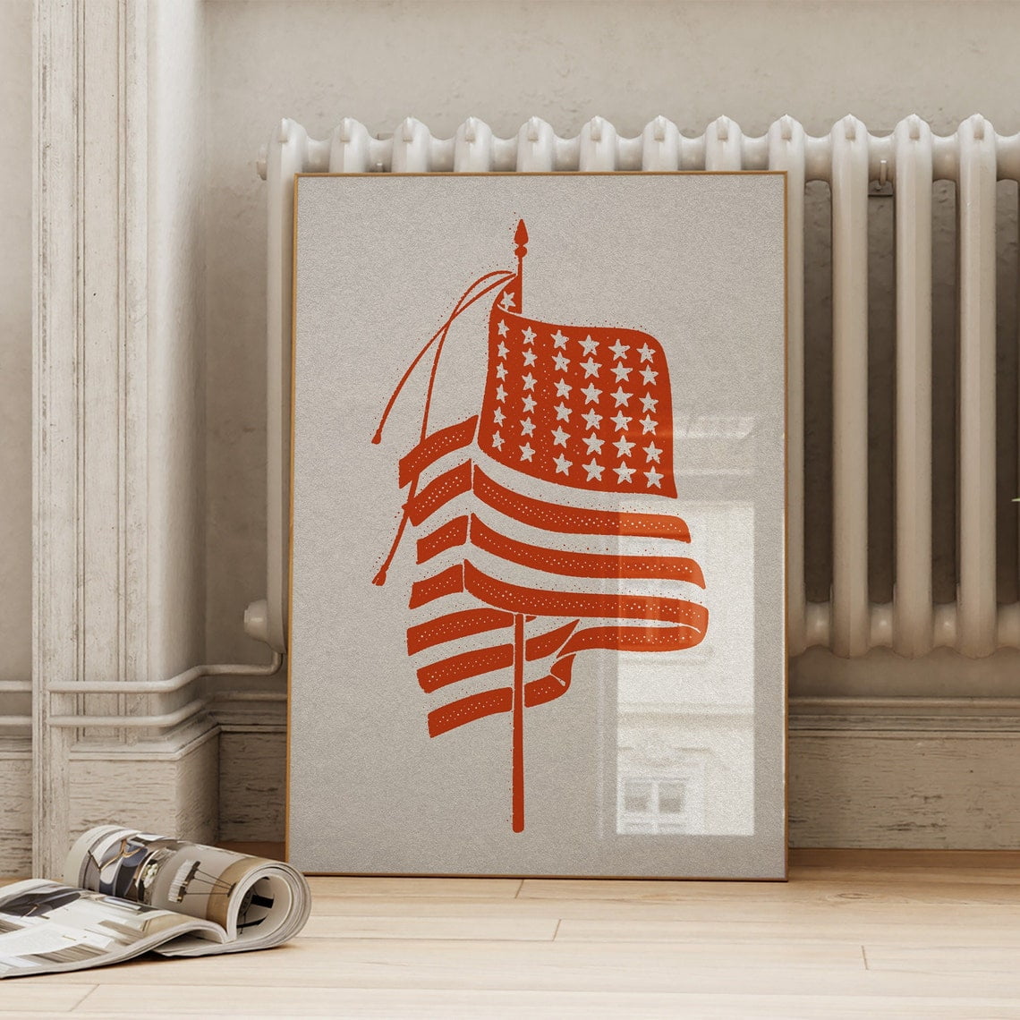 Red American Flag Wall Art Print, Vintage Fourth Of July USA Home Decor ...