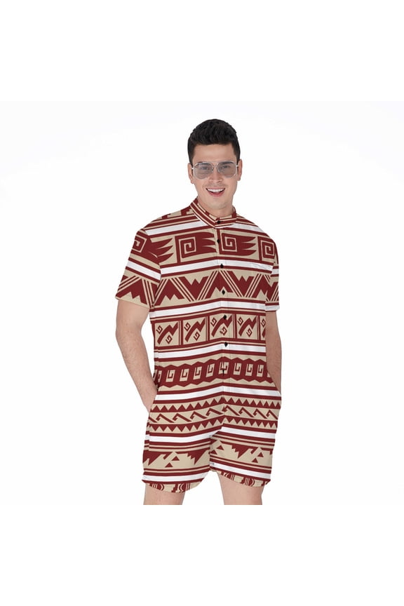 Red And Beige Southwestern Pattern Short Sleeve Men'S Rompers Casual Summer Jumpsuits Outfit