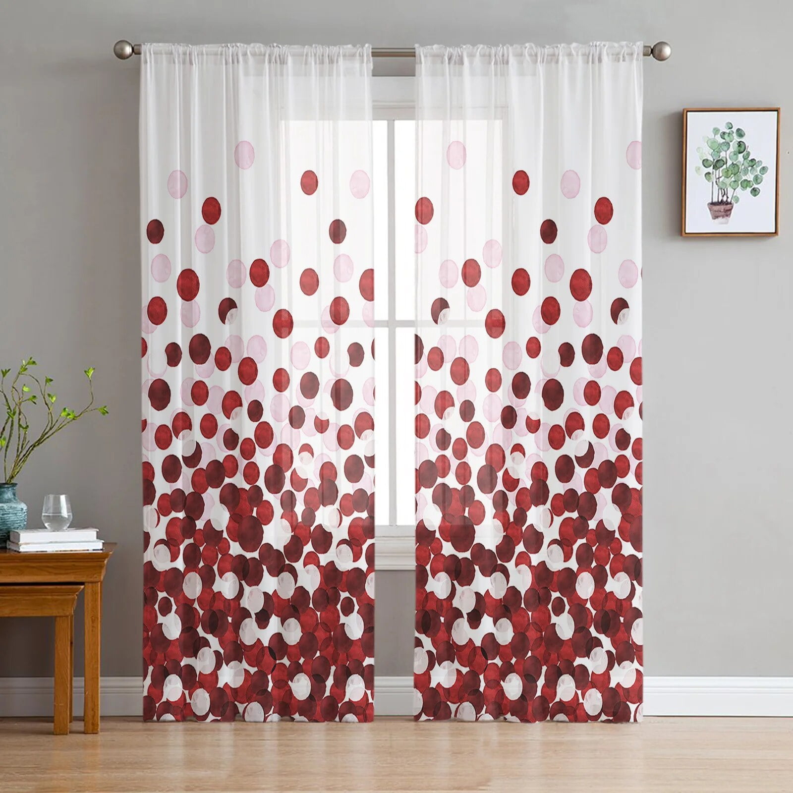 Red And Black Dots White Window Curtains Bedroom Modern Drape Sheer