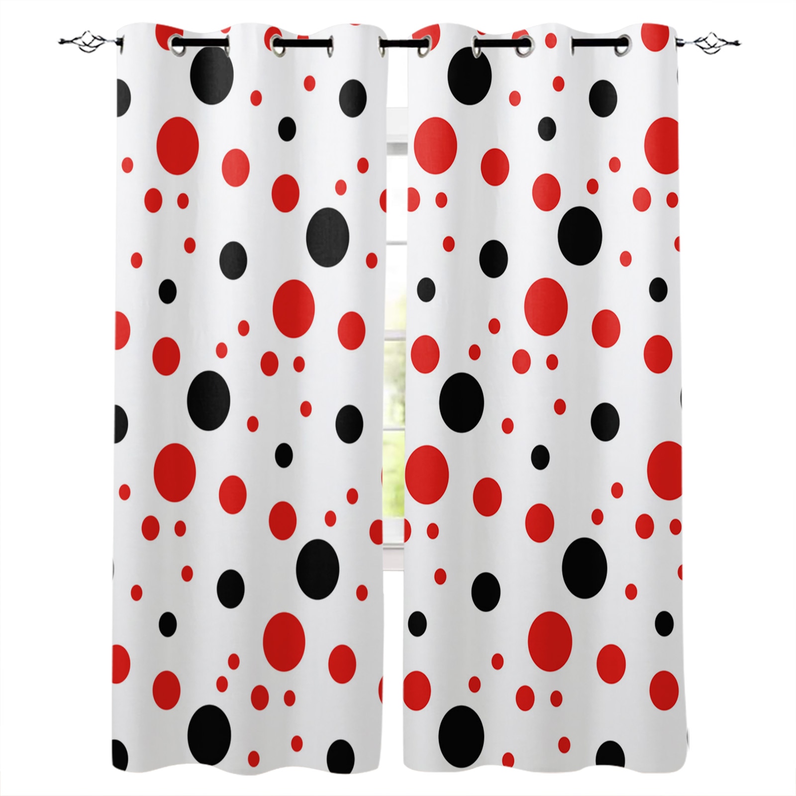 Red And Black Dots White Window Interior Curtain Valance Door Room