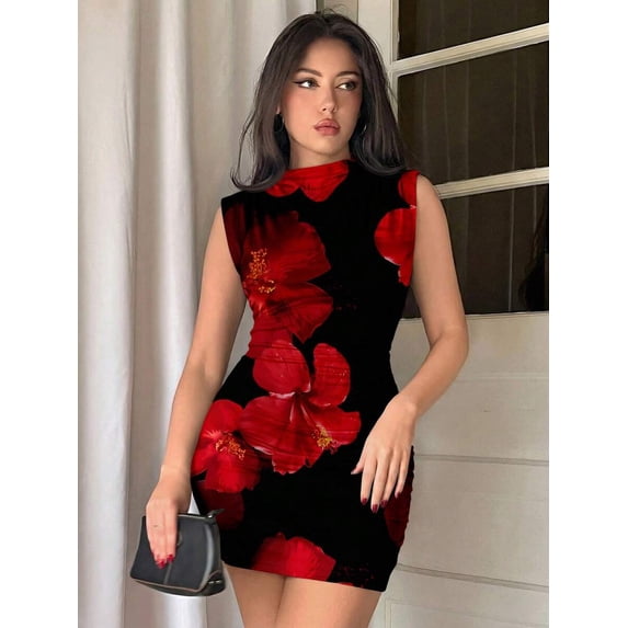 Red And Black Floral Print High-Neck Sleeveless Ruched Bodycon Mini Dress For Evening Or Day Out