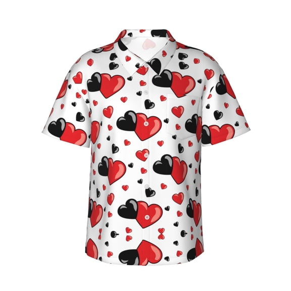 Red And Black Hearts Hawaiian Shirts For Men, Summer Short-Sleeve Relaxed-Fit Button-Down Shirts Large