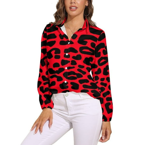 Red And Black Leopard Print Long Sleeve Blouse Woman Streetwear Casual Shirts Summer Oversize Woman Streetwear Clothing Birthday Present