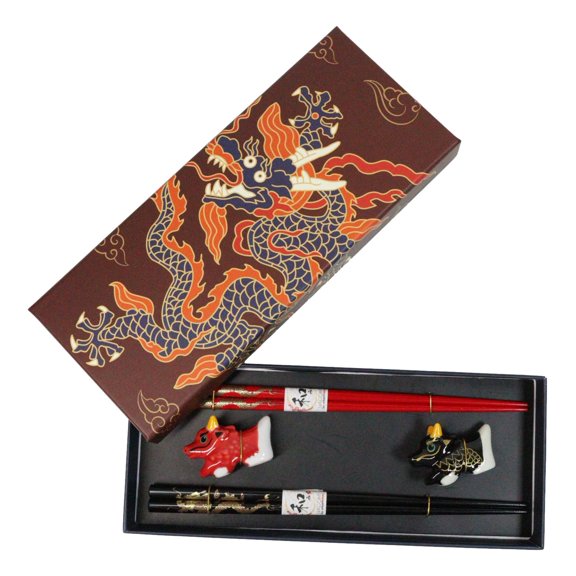 Red And Black Oriental Ryu Dragons Set of 2 Chopsticks And Ceramic Rests Set
