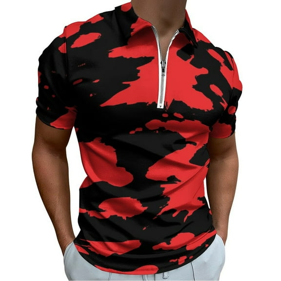 Red And Black Paint Splatter Men Zipper T-shirt Summer Casual Short Sleeve T-shirt Top