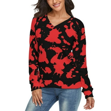 Red And Black Paint Splatter V-neck Sweater Winter Clothes Long Sleeve Knitwear Sweater Women's Pullover