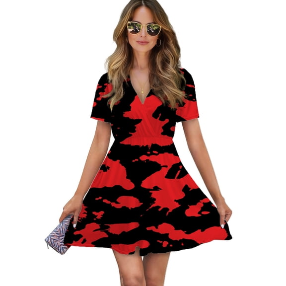 Red And Black Paint Splatter Women Dress V-Neck Short Sleeve Flowy Swing Party Midi Dress