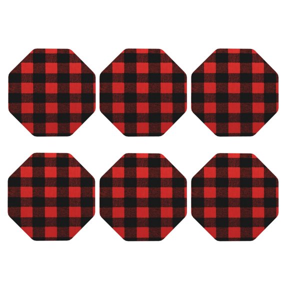 Red And Black Plaid Leather Drink Coasters for Drinks (6 Pack) for Tabletop Protection Octagon