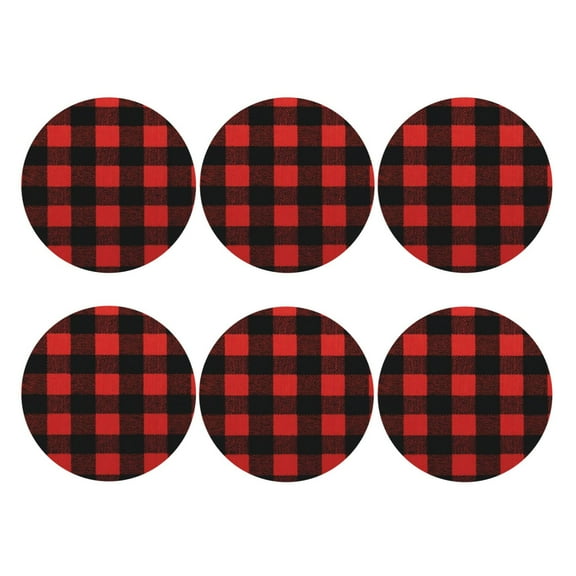 Red And Black Plaid Leather Drink Coasters for Drinks (6 Pack) for Tabletop Protection Round Shape
