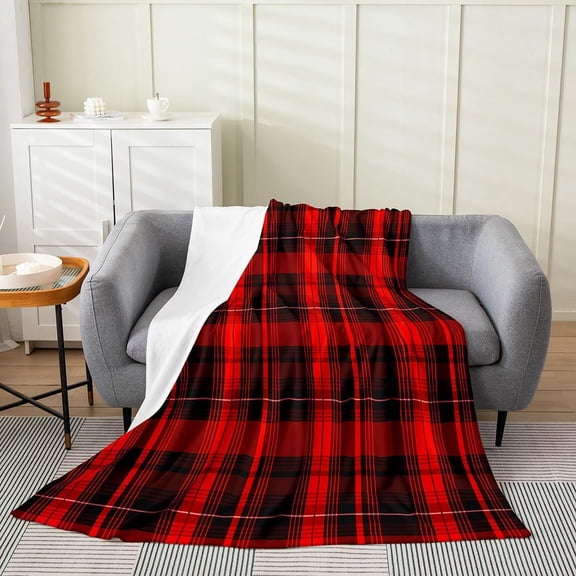 Red And Black Plaid Throw Blanket For Couch Soft Fuzzy Sherpa Fleece Blanket