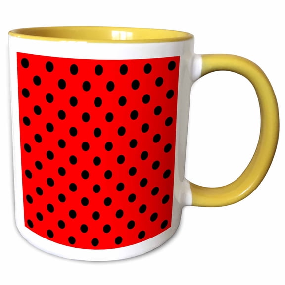3drose, Red and Black Polka Dot Print, 11oz Two-tone Yellow Mug