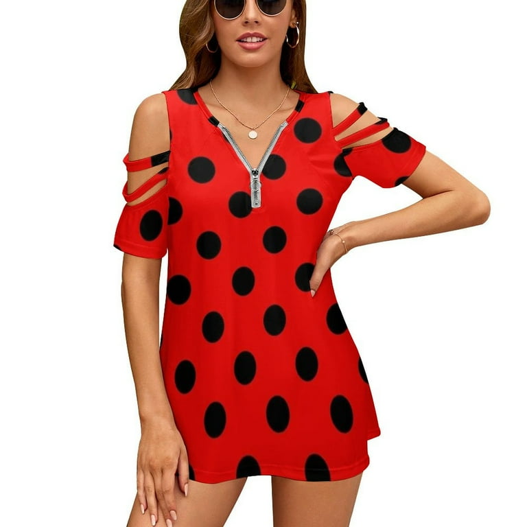Red And Black Polka Dots Pattern Halloween Outfit Women Zipper Sexy Printed Vintage T Shirts Tops Full Print T Shirt