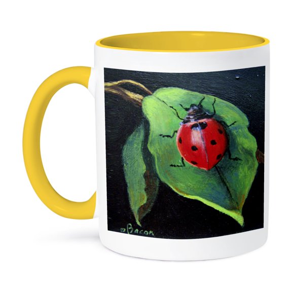 3dRose, Red and Black Spotted Lady Bug on green leaf., 11oz Two-Tone Yellow Mug